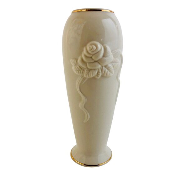Lenox Rose Blossom Bud Vase Cream China 24kt Gold Trimmed Embossed Floral 8 in - Picture 1 of 10